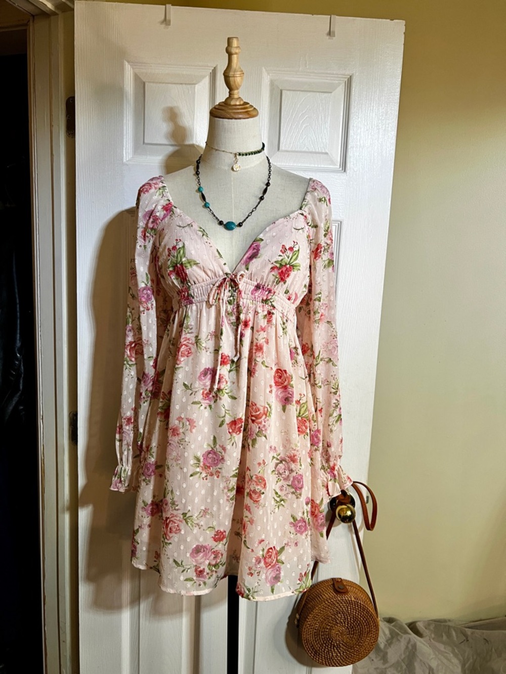 Thirty Thirty Wms Pink Swiss Dot Floral Pleated Coquette Babydoll‎ Mini Dress M